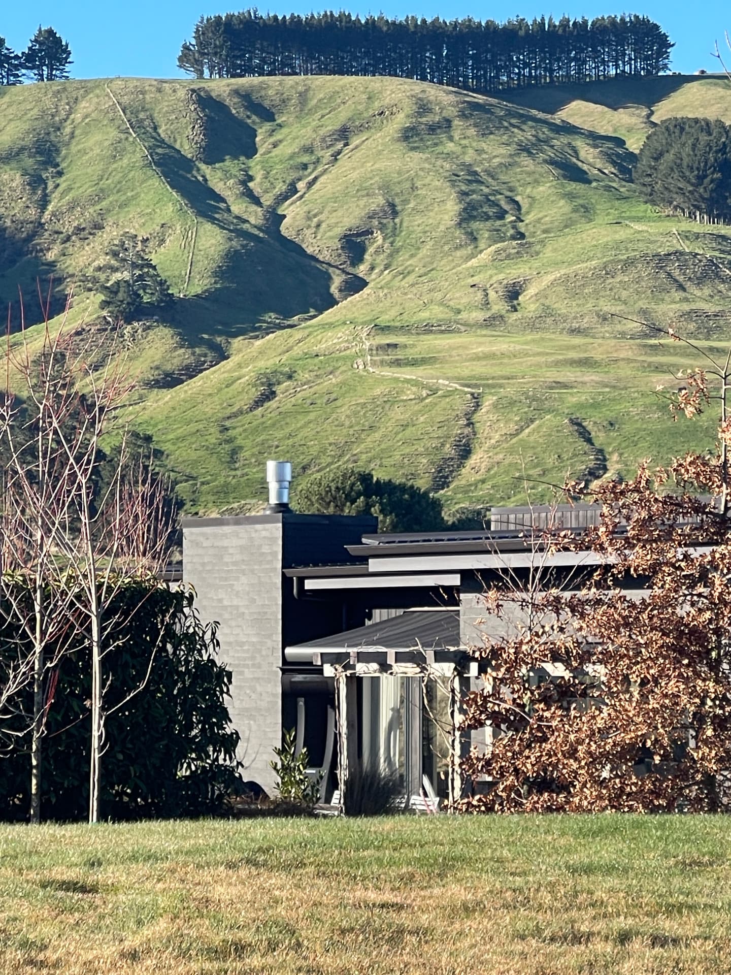 A low grey block and dark timber home set beneath the green farmed hills behind Kinloch